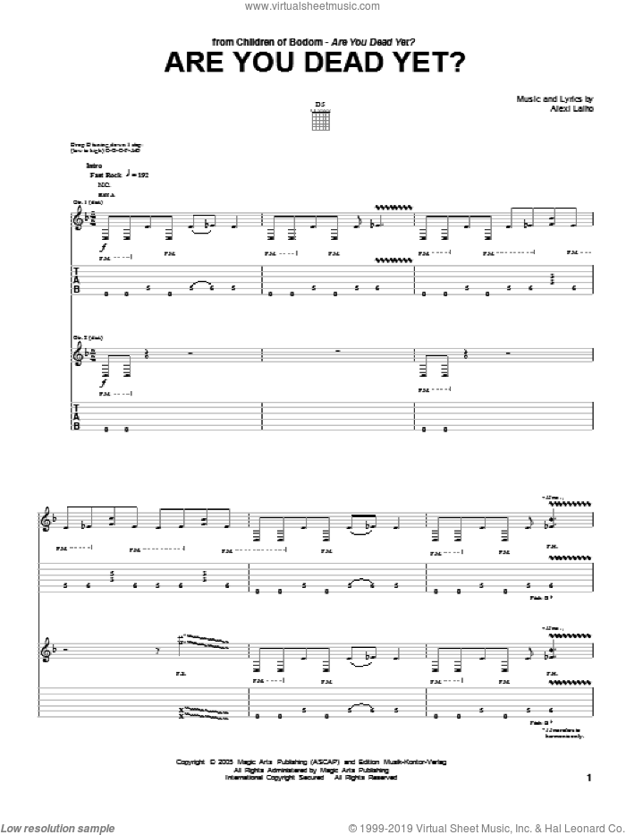 Are You Dead Yet? sheet music for guitar (tablature) by Children Of Bodom and Alexi Laiho, intermediate skill level