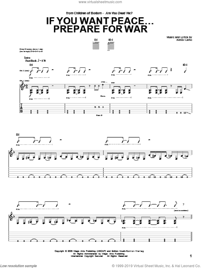If You Want Peace... Prepare For War sheet music for guitar (tablature) by Children Of Bodom and Alexi Laiho, intermediate skill level