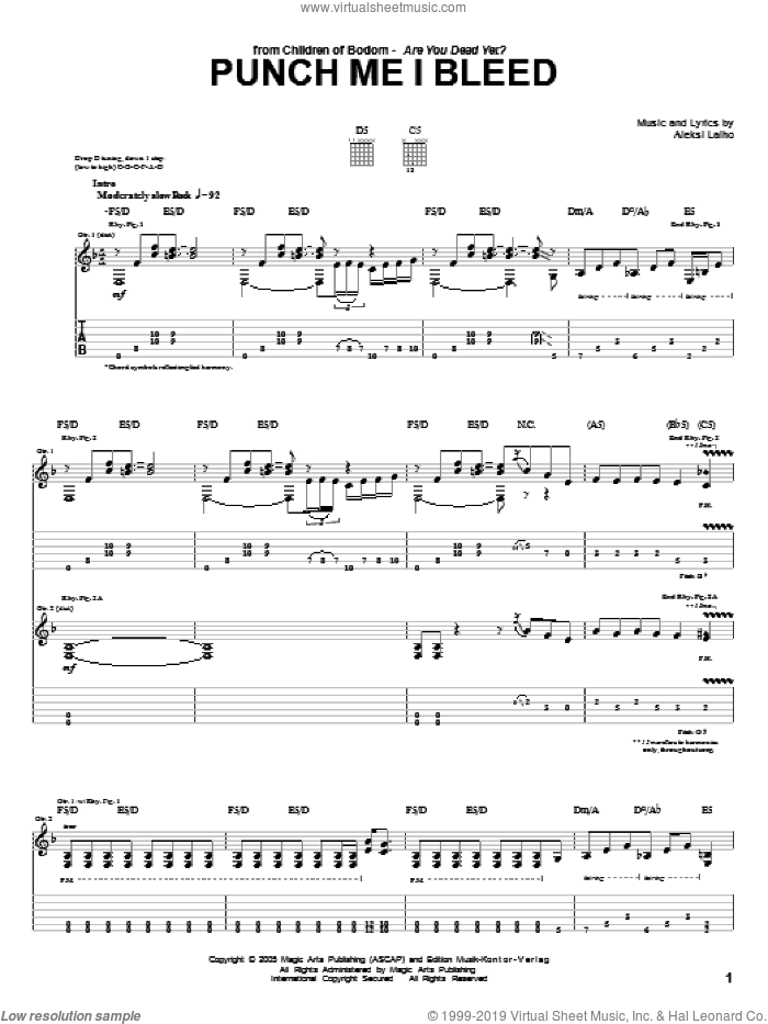 Punch Me I Bleed sheet music for guitar (tablature) by Children Of Bodom and Alexi Laiho, intermediate skill level