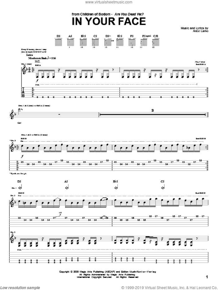 In Your Face sheet music for guitar (tablature) by Children Of Bodom and Alexi Laiho, intermediate skill level