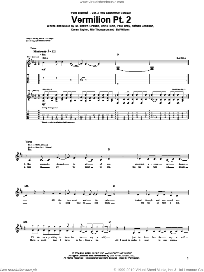 Vermilion Pt. 2 sheet music for guitar (tablature) by Slipknot, Chris Fehn, Corey Taylor, M. Shawn Crahan, Mic Thompson, Nathan Jordison, Paul Gray and Sid Wilson, intermediate skill level