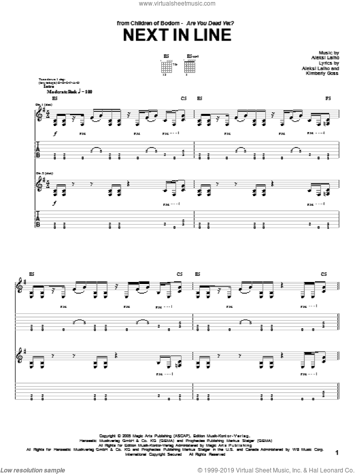 Next In Line sheet music for guitar (tablature) by Children Of Bodom, Alexi Laiho and Kimberly Goss, intermediate skill level