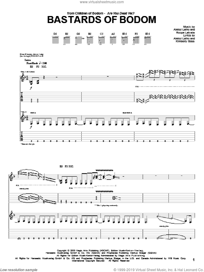 Bastards Of Bodom sheet music for guitar (tablature) by Children Of Bodom, Alexi Laiho, Kimberly Goss and Roope Latvala, intermediate skill level