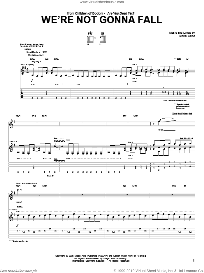 We're Not Gonna Fall sheet music for guitar (tablature) by Children Of Bodom and Alexi Laiho, intermediate skill level