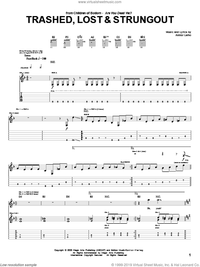 Trashed, Lost and Strungout sheet music for guitar (tablature) by Children Of Bodom and Alexi Laiho, intermediate skill level