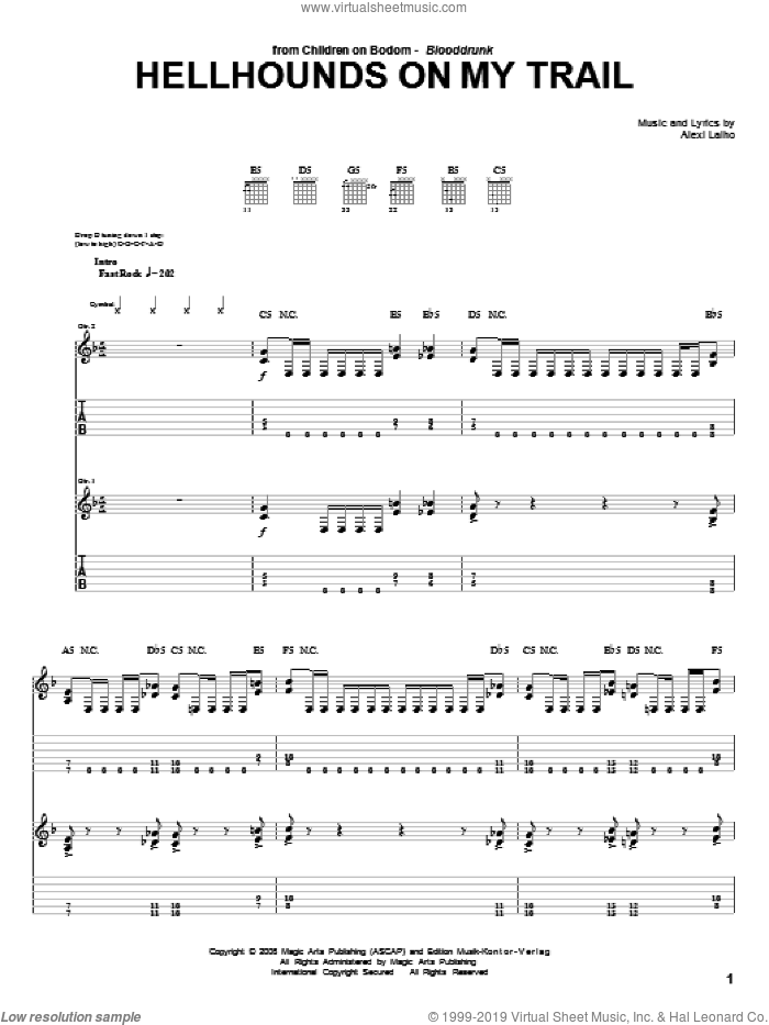 Hellhounds On My Trail sheet music for guitar (tablature) by Children Of Bodom and Alexi Laiho, intermediate skill level