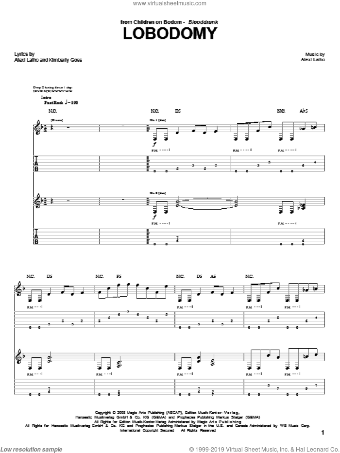 LoBodomy sheet music for guitar (tablature) by Children Of Bodom, Alexi Laiho and Kimberly Goss, intermediate skill level