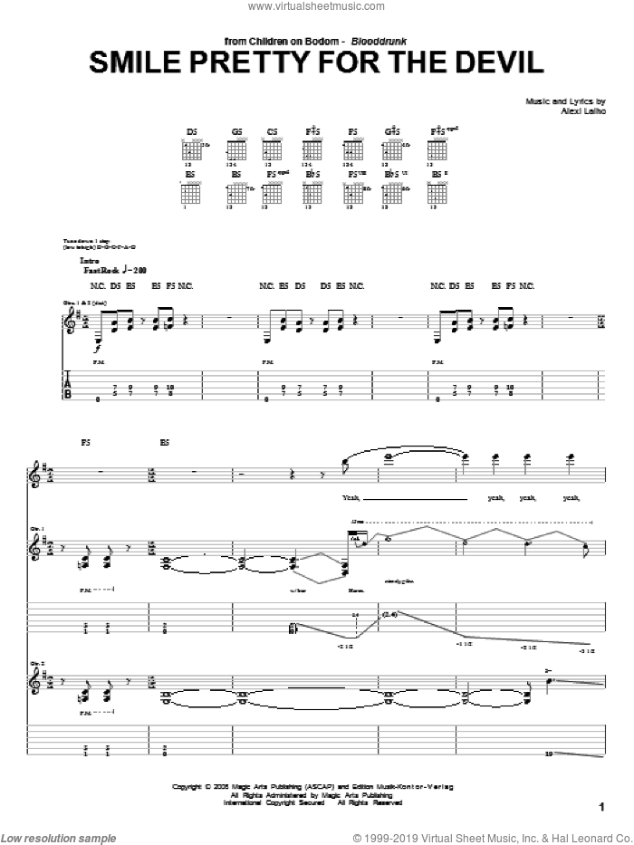 Smile Pretty For The Devil sheet music for guitar (tablature) by Children Of Bodom and Alexi Laiho, intermediate skill level
