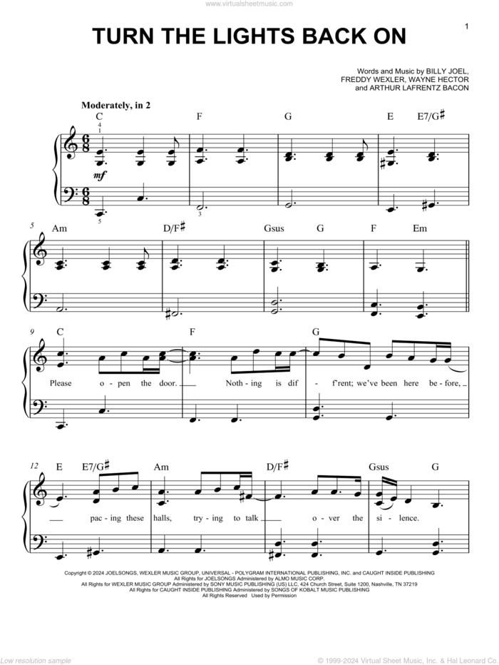 Turn The Lights Back On sheet music for piano solo by Billy Joel, Arthur Lafrentz Bacon, Freddy Wexler and Wayne Hector, easy skill level