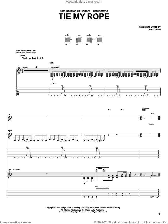 Tie My Rope sheet music for guitar (tablature) by Children Of Bodom and Alexi Laiho, intermediate skill level