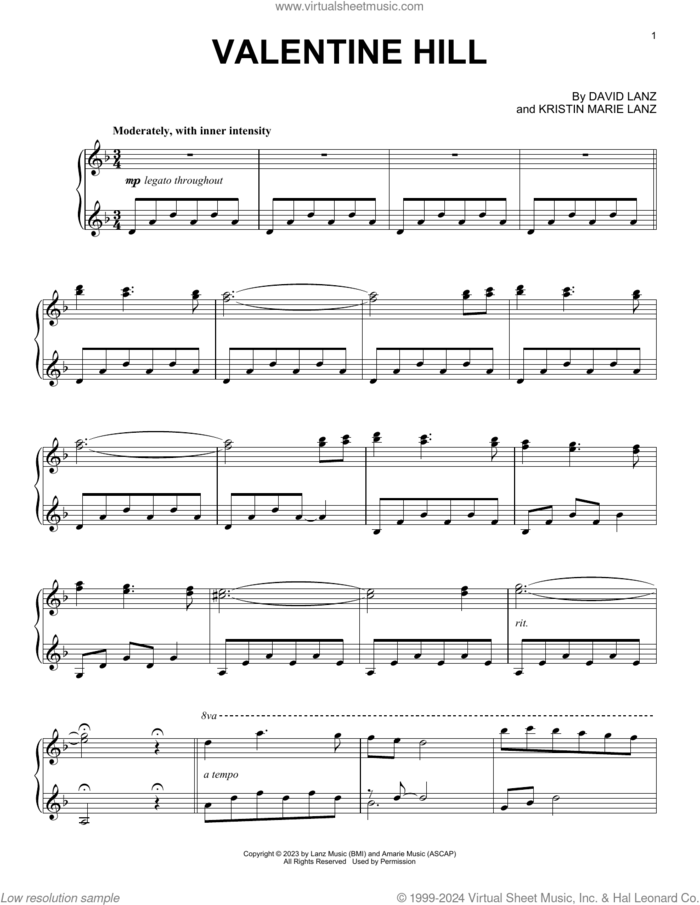 Valentine Hill sheet music for piano solo by David Lanz and Kristin Marie Lanz, classical score, intermediate skill level