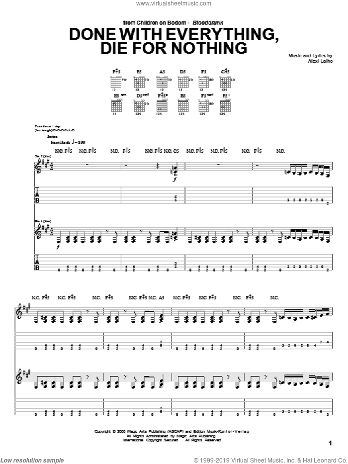 Done With Everything, Die For Nothing sheet music for guitar (tablature) by Children Of Bodom and Alexi Laiho, intermediate skill level
