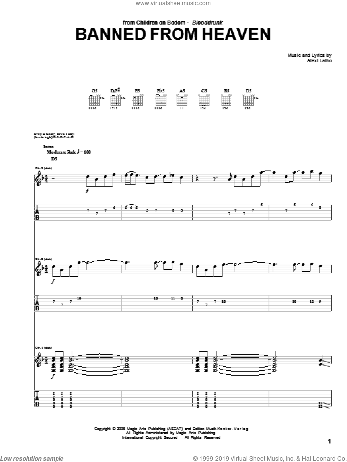 Banned From Heaven sheet music for guitar (tablature) by Children Of Bodom and Alexi Laiho, intermediate skill level