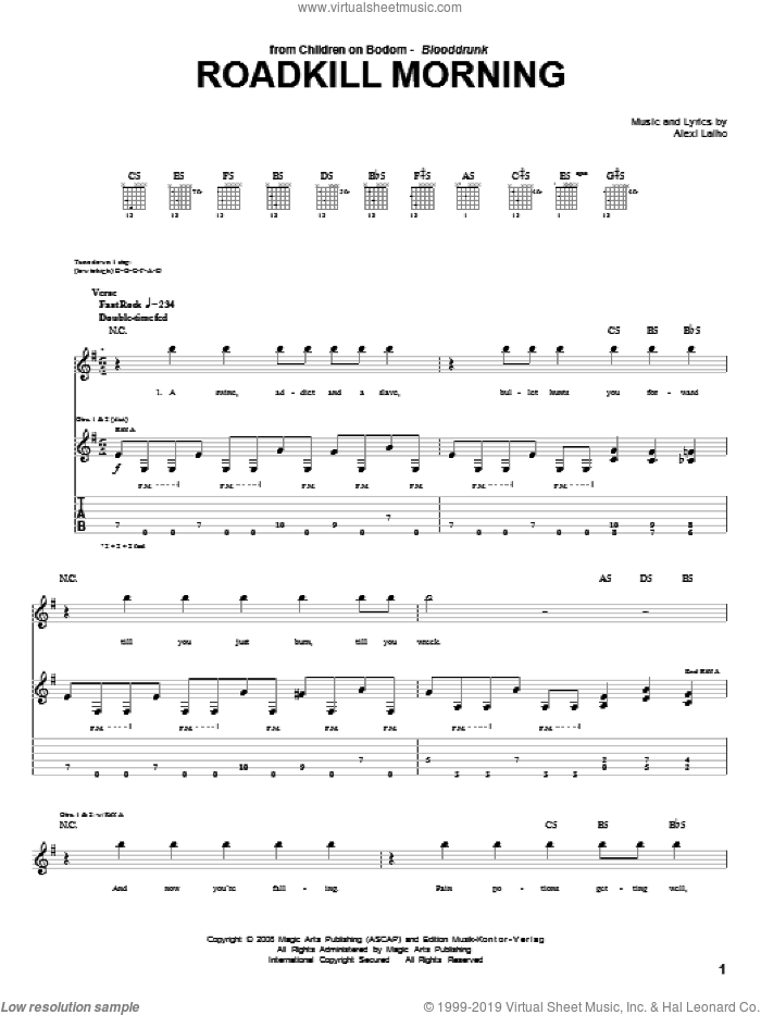 Roadkill Morning sheet music for guitar (tablature) by Children Of Bodom and Alexi Laiho, intermediate skill level