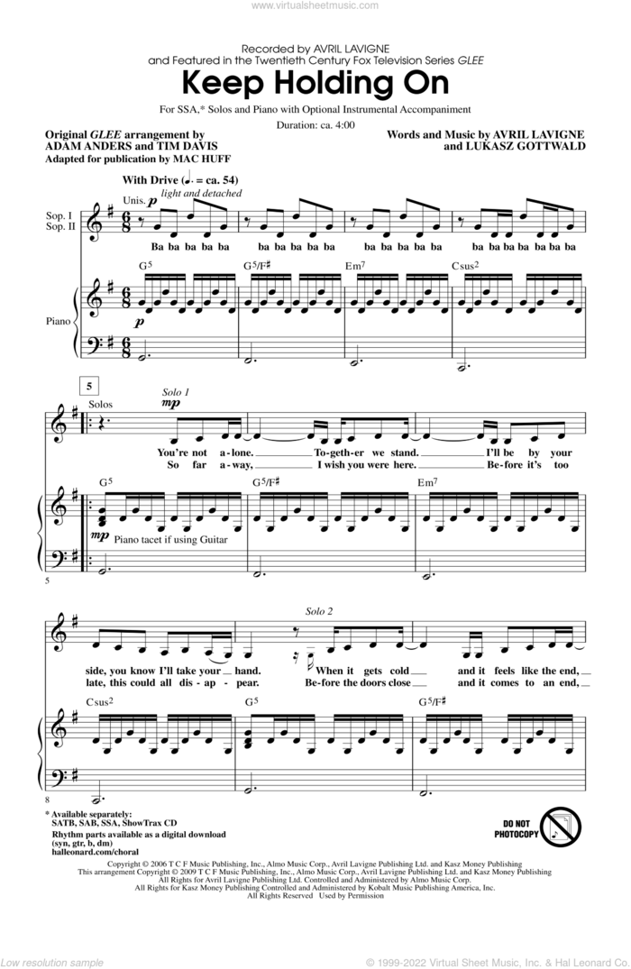 Keep Holding On sheet music for choir (SSA: soprano, alto) by Avril Lavigne, Lukasz Gottwald, Glee Cast, Mac Huff and Miscellaneous, intermediate skill level