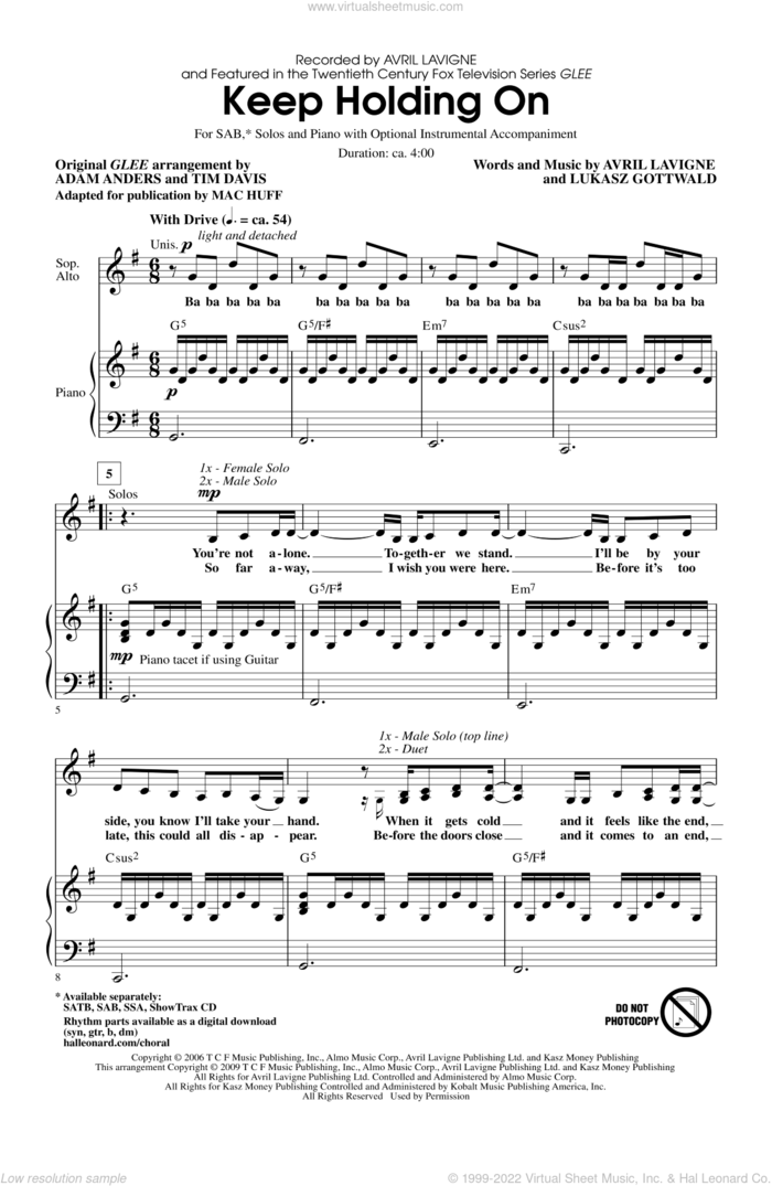 Keep Holding On sheet music for choir (SAB: soprano, alto, bass) by Avril Lavigne, Lukasz Gottwald, Glee Cast, Mac Huff and Miscellaneous, intermediate skill level