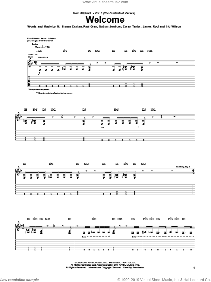 Welcome sheet music for guitar (tablature) by Slipknot, Corey Taylor, James Root, M. Shawn Crahan, Nathan Jordison, Paul Gray and Sid Wilson, intermediate skill level