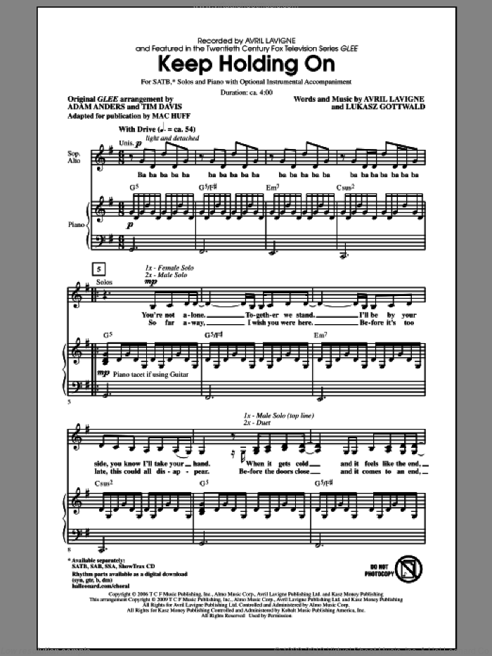 Keep Holding On sheet music for choir (SATB: soprano, alto, tenor, bass) by Avril Lavigne, Lukasz Gottwald, Glee Cast, Mac Huff and Miscellaneous, intermediate skill level