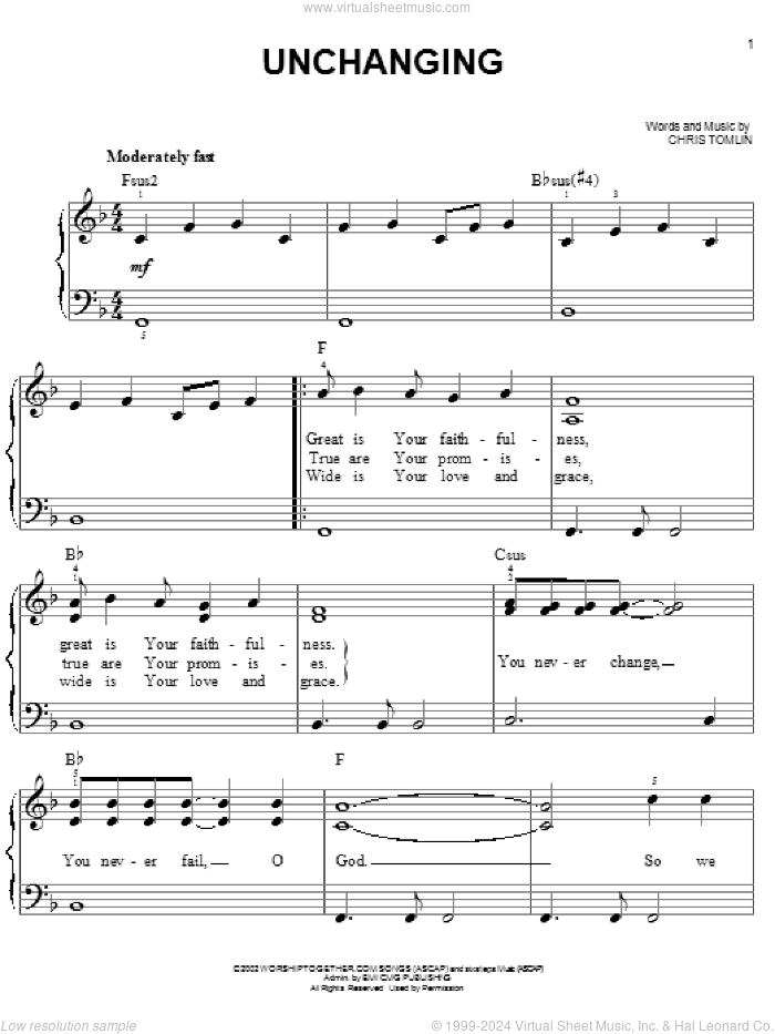 Unchanging sheet music for piano solo by Chris Tomlin, easy skill level