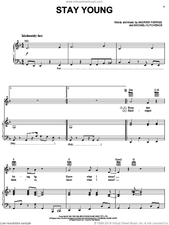Stay Young sheet music for voice, piano or guitar by INXS, Andrew Farriss and Michael Hutchence, intermediate skill level