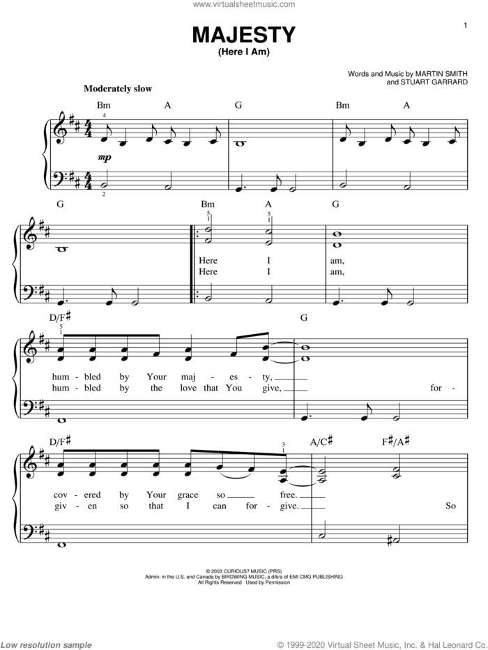 Majesty (Here I Am) sheet music for piano solo by Delirious?, Martin Smith and Stuart Garrard, easy skill level