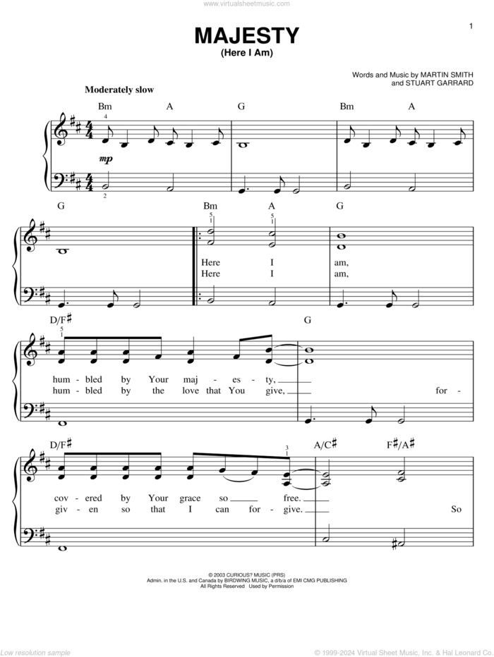 Majesty (Here I Am) sheet music for piano solo by Delirious?, Martin Smith and Stuart Garrard, easy skill level