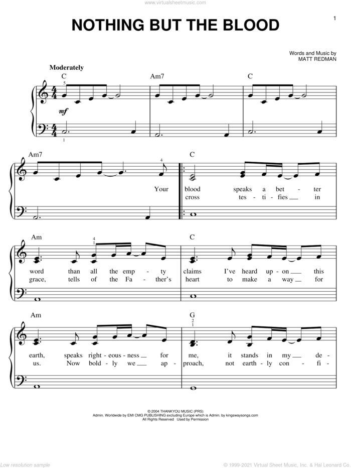Nothing But The Blood sheet music for piano solo by Matt Redman, easy skill level
