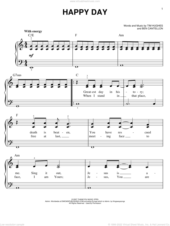Happy Day sheet music for piano solo by Tim Hughes and Ben Cantellon, easy skill level