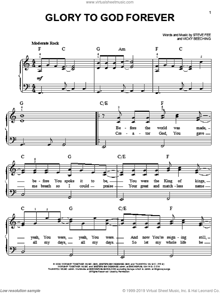 Glory To God Forever sheet music for piano solo by Vicky Beeching and Steve Fee, easy skill level