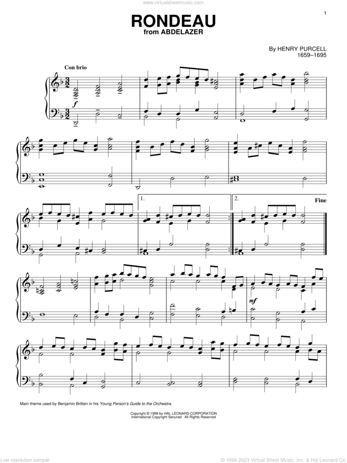 Rondeau sheet music for piano solo by Henry Purcell, classical score, intermediate skill level