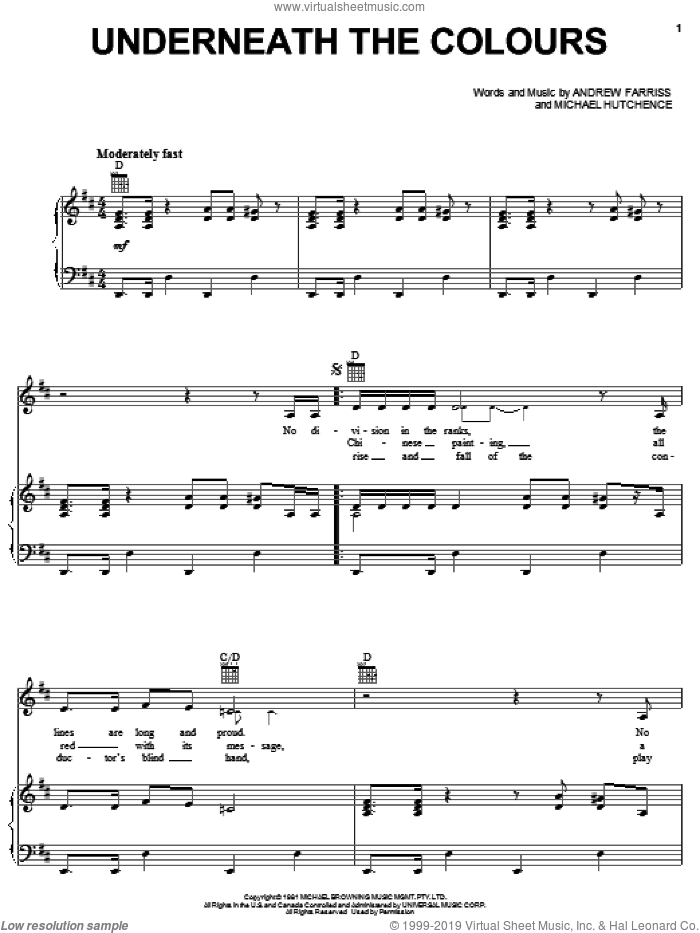 Underneath The Colours sheet music for voice, piano or guitar by INXS, Andrew Farriss and Michael Hutchence, intermediate skill level