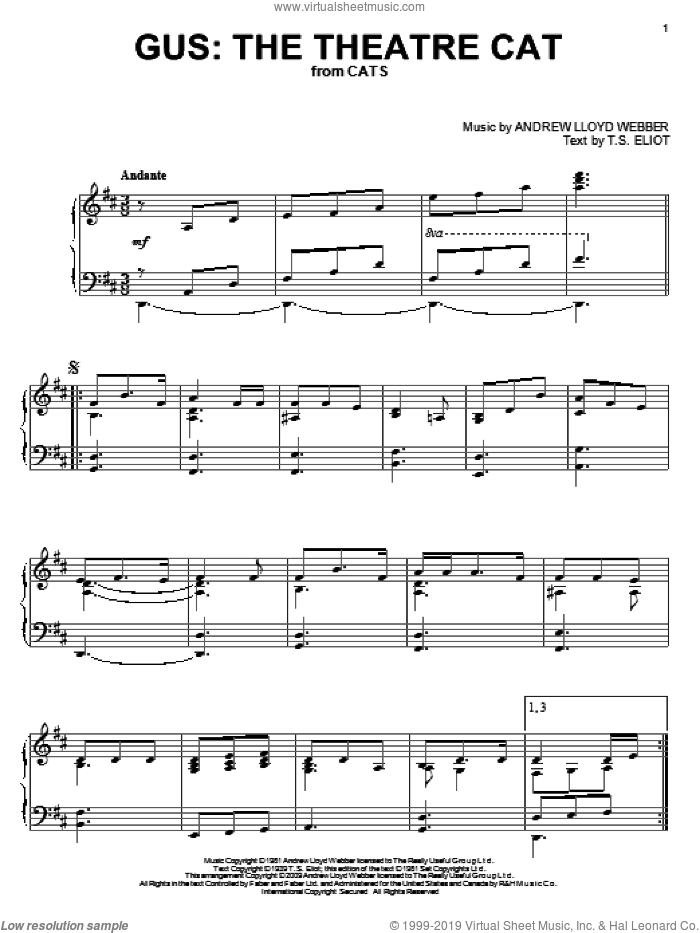 Gus: The Theatre Cat (from Cats), (intermediate) sheet music for piano solo by Andrew Lloyd Webber, Cats (Musical) and T.S. Eliot, intermediate skill level