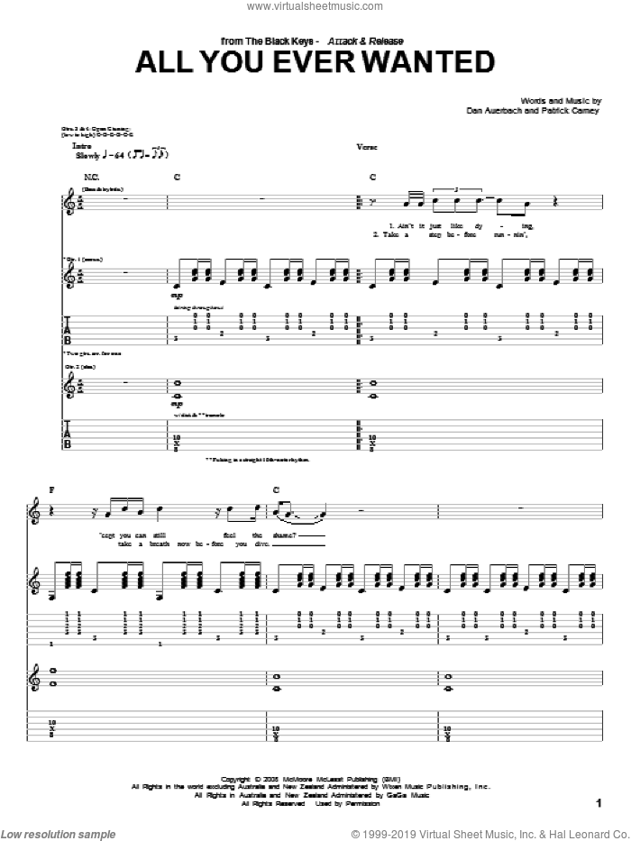 All You Ever Wanted sheet music for guitar (tablature) by The Black Keys, Daniel Auerbach and Patrick Carney, intermediate skill level