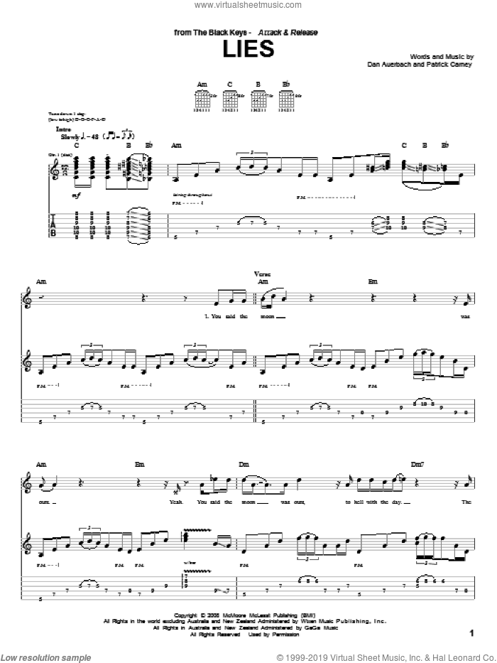Lies sheet music for guitar (tablature) by The Black Keys, Daniel Auerbach and Patrick Carney, intermediate skill level