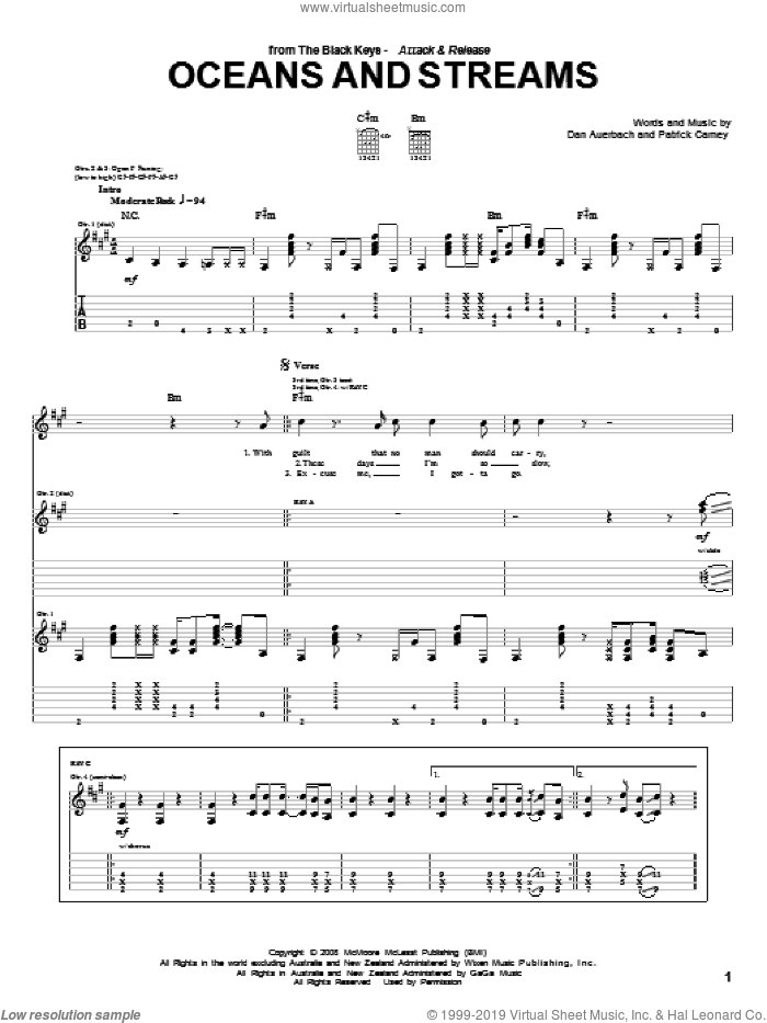 Oceans And Streams sheet music for guitar (tablature) by The Black Keys, Daniel Auerbach and Patrick Carney, intermediate skill level