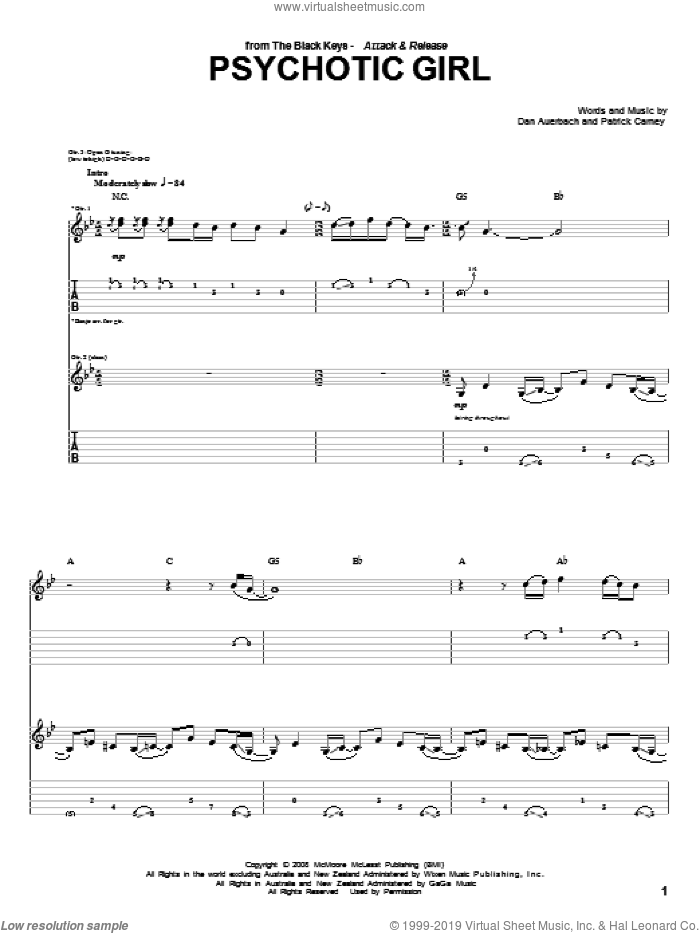 Psychotic Girl sheet music for guitar (tablature) by The Black Keys, Daniel Auerbach and Patrick Carney, intermediate skill level