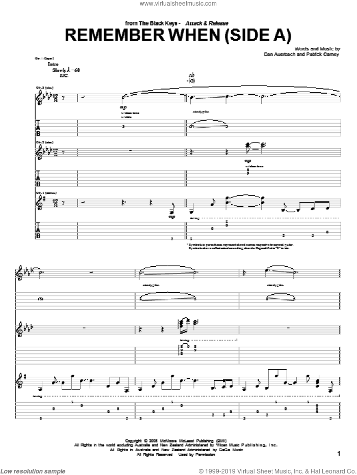 Remember When (Side A) sheet music for guitar (tablature) by The Black Keys, Daniel Auerbach and Patrick Carney, intermediate skill level