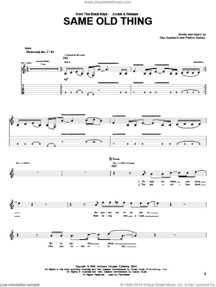 Same Old Thing sheet music for guitar (tablature) by The Black Keys, Daniel Auerbach and Patrick Carney, intermediate skill level