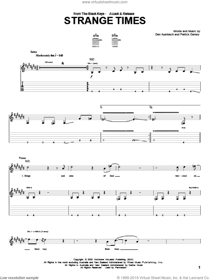 Strange Times sheet music for guitar (tablature) by The Black Keys, Daniel Auerbach and Patrick Carney, intermediate skill level