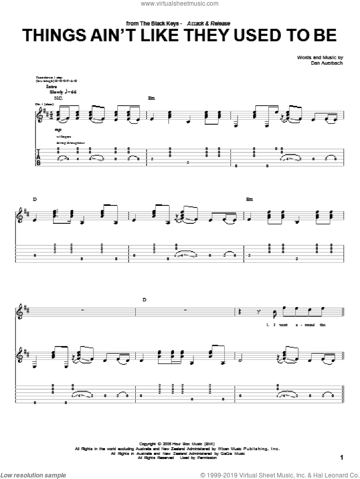 Things Ain't Like They Used To Be sheet music for guitar (tablature) by The Black Keys and Daniel Auerbach, intermediate skill level