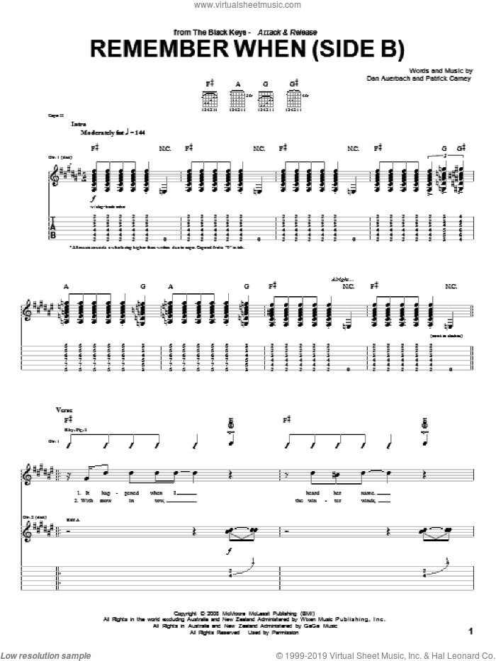 Remember When (Side B) sheet music for guitar (tablature) by The Black Keys, Daniel Auerbach and Patrick Carney, intermediate skill level