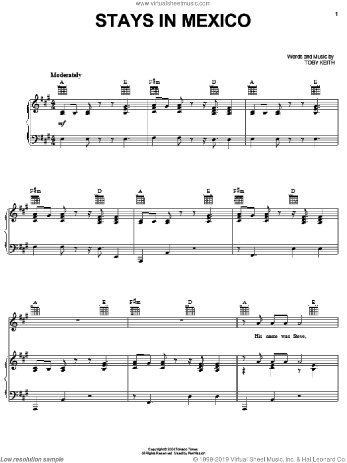 Stays In Mexico sheet music for voice, piano or guitar by Toby Keith, intermediate skill level