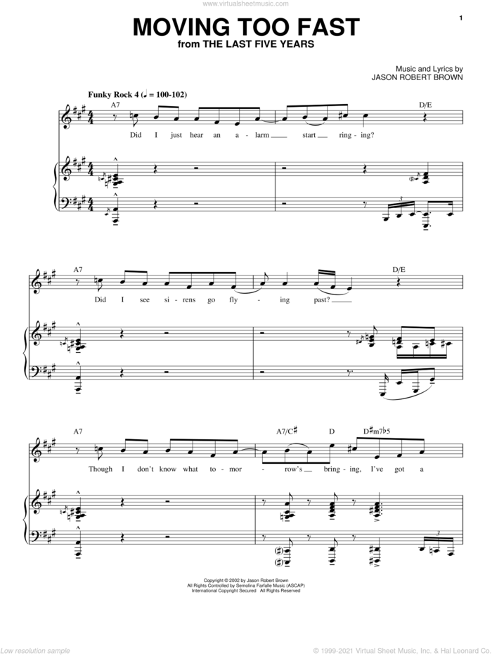 Moving Too Fast (from The Last 5 Years) sheet music for voice, piano or guitar by Jason Robert Brown and The Last Five Years (Musical), intermediate skill level