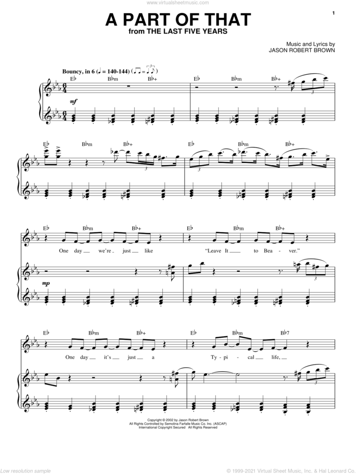 A Part Of That (from The Last 5 Years) sheet music for voice and piano by Jason Robert Brown and The Last Five Years (Musical), intermediate skill level