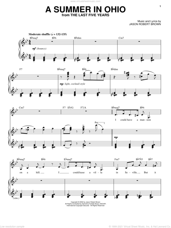 A Summer In Ohio (from The Last 5 Years) sheet music for voice and piano by Jason Robert Brown and The Last Five Years (Musical), intermediate skill level