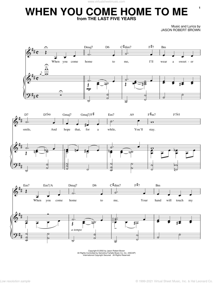 When You Come Home To Me (from The Last 5 Years) sheet music for voice and piano by Jason Robert Brown and The Last Five Years (Musical), intermediate skill level