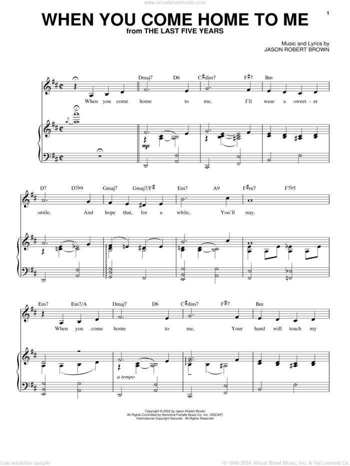 When You Come Home To Me (from The Last 5 Years) sheet music for voice and piano by Jason Robert Brown and The Last Five Years (Musical), intermediate skill level