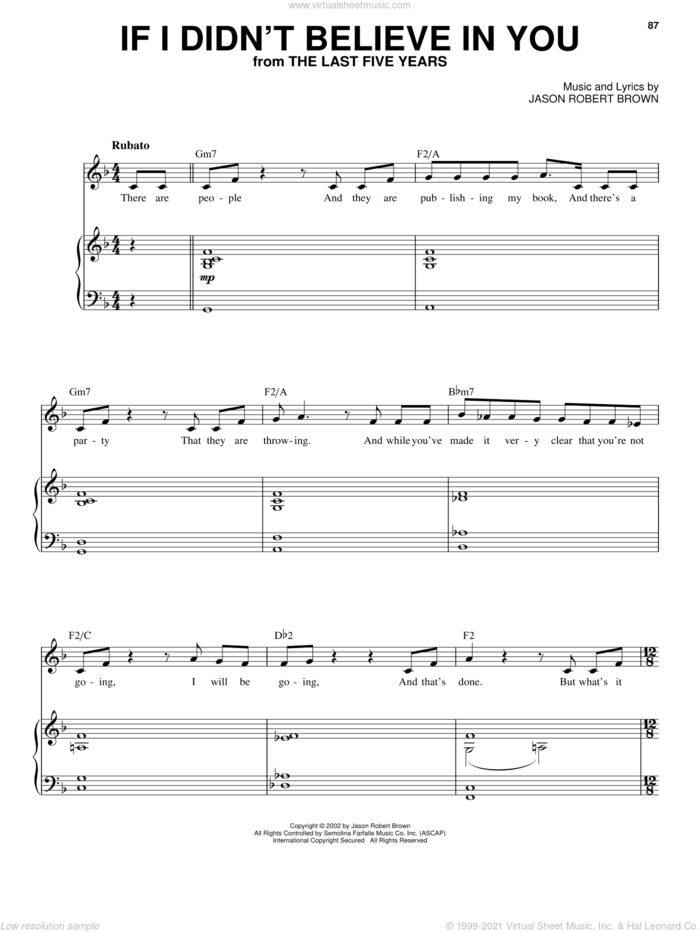 If I Didn't Believe In You (from The Last 5 Years) sheet music for voice, piano or guitar by Jason Robert Brown and The Last Five Years (Musical), intermediate skill level
