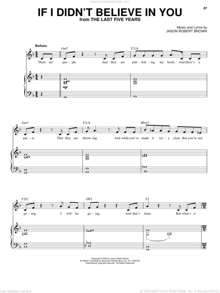 If I Didn't Believe In You (from The Last 5 Years) sheet music for voice, piano or guitar by Jason Robert Brown and The Last Five Years (Musical), intermediate skill level