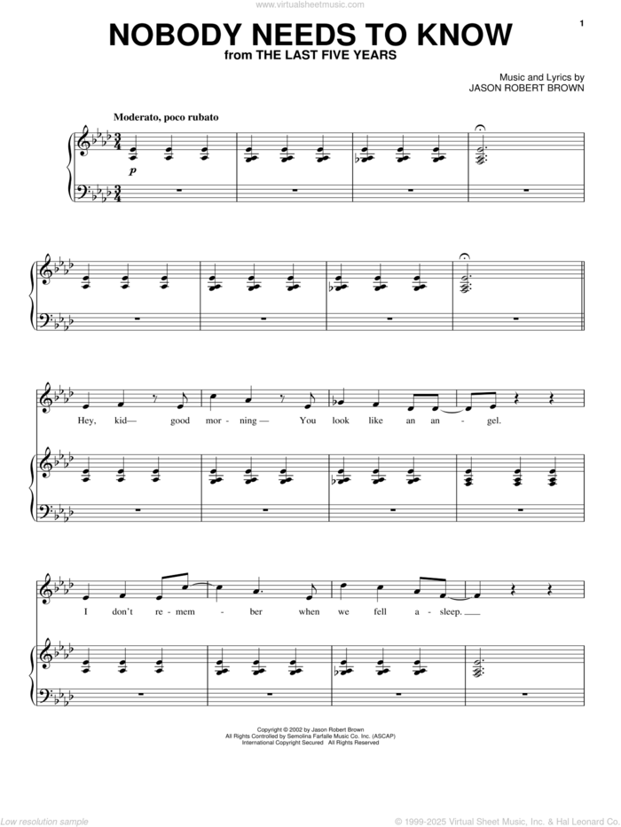 Nobody Needs To Know (from The Last 5 Years) sheet music for voice, piano or guitar by Jason Robert Brown and The Last Five Years (Musical), intermediate skill level